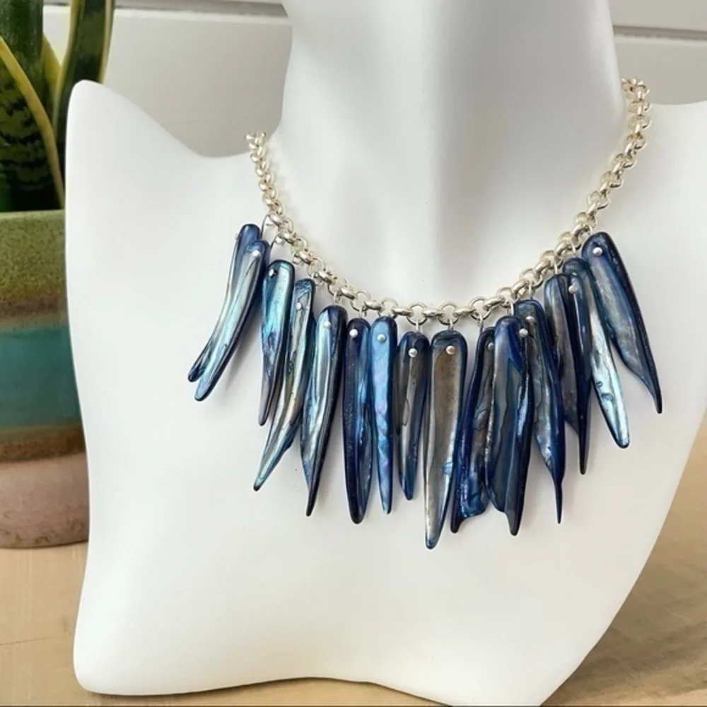 Handmade Blue Shell Statement Necklace Coastal Luxury Textured Bold Unique